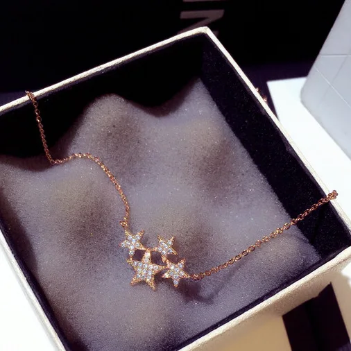 

Korean Real Gold Plated Shiny Diamond Star Necklace Multiple Star Rhinestone Crystal Necklace For Girls