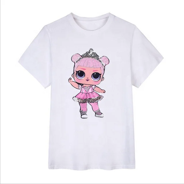 

Dropship Clothing Cotton Jersey Short Sleeve Round Neck Girls Pretty Sequin Dolls Patch T-shirt in Black and White, Dolls t-shirt in black, white