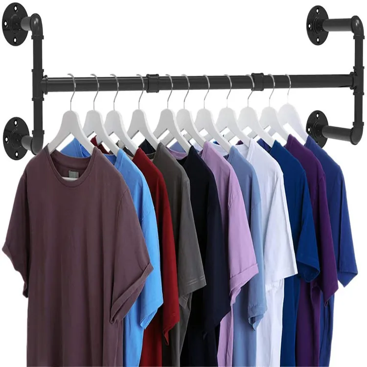 

Multi-Purpose Industrial Pipe Clothes Rack Heavy Duty Wall Mounted Black Iron Garment Rack Bar Hanging Rod for Closet Storage