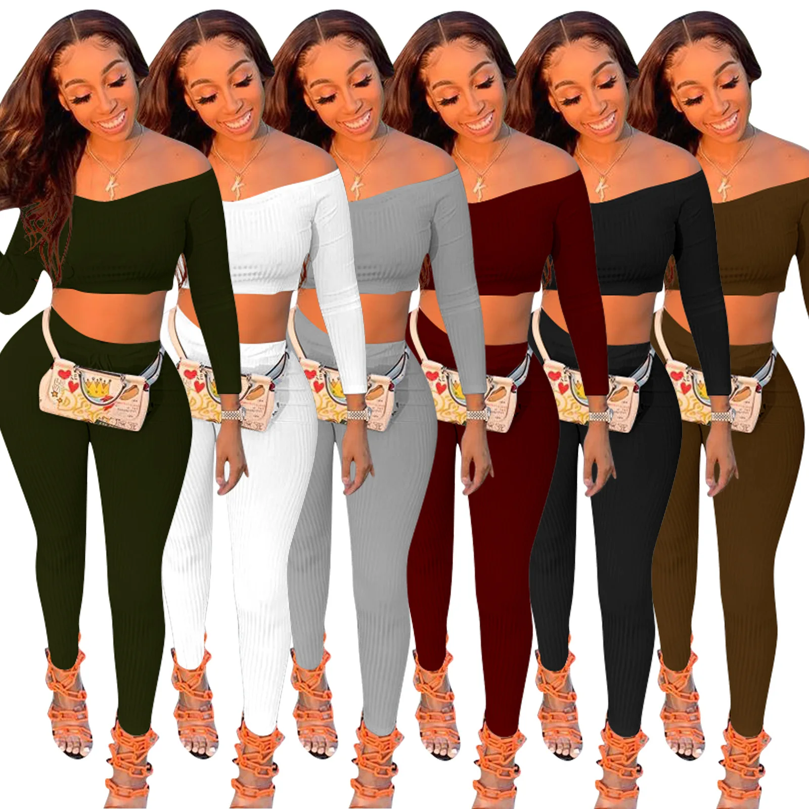 

B53837A Cross border 2020 women clothing fashion off the shoulder knit pants set, White/black/burgundy/gray/coffee/army green