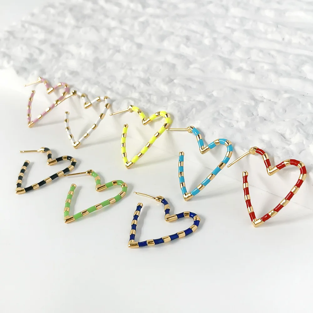 

European Exaggerated Real Gold Plating Oil Drip Heart Statement Earrings Colorful Enamel Heart Hoop Earrings For Women Girl