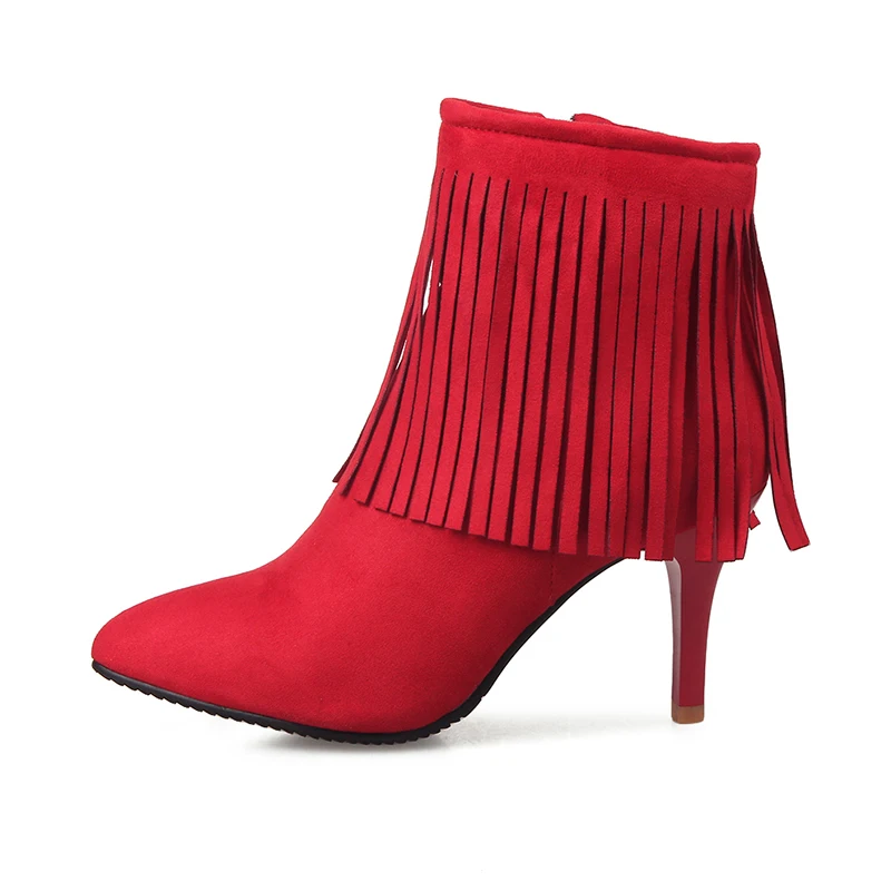 

Outdoor Red Blue Black Winter Warm Party Fashion Tassel Top Ankle Boots Stilettos, Black/blue/red/grey