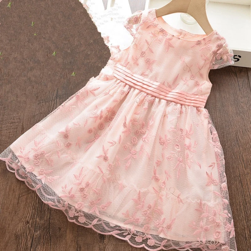 

B24628A Summer style dress for girls pink embroidery sleeveless gauze dress