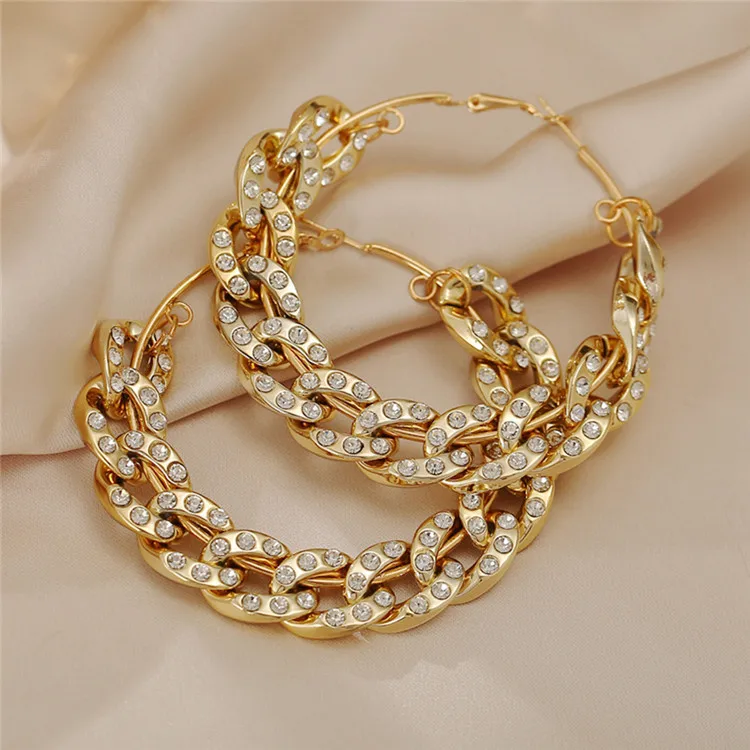 

New Thick Chain Diamond Exaggerated Personality Earrings European And American Creative Golden Earrings