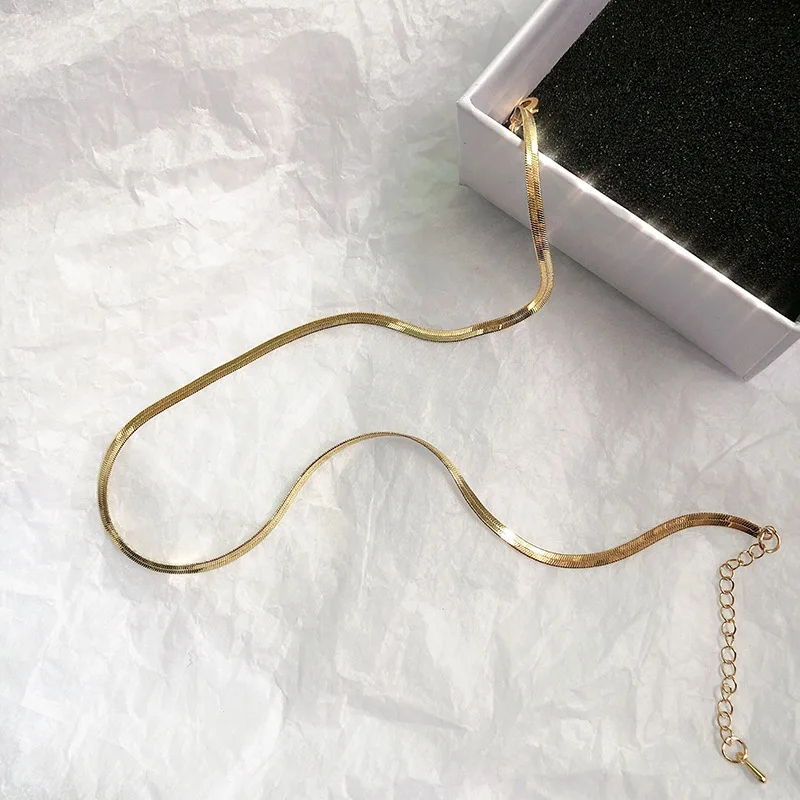 

Hotsale Stainless Steel Dainty Gold Herringbone Chain Choker Long Gold Link Flat Snake Chain Choker Necklace