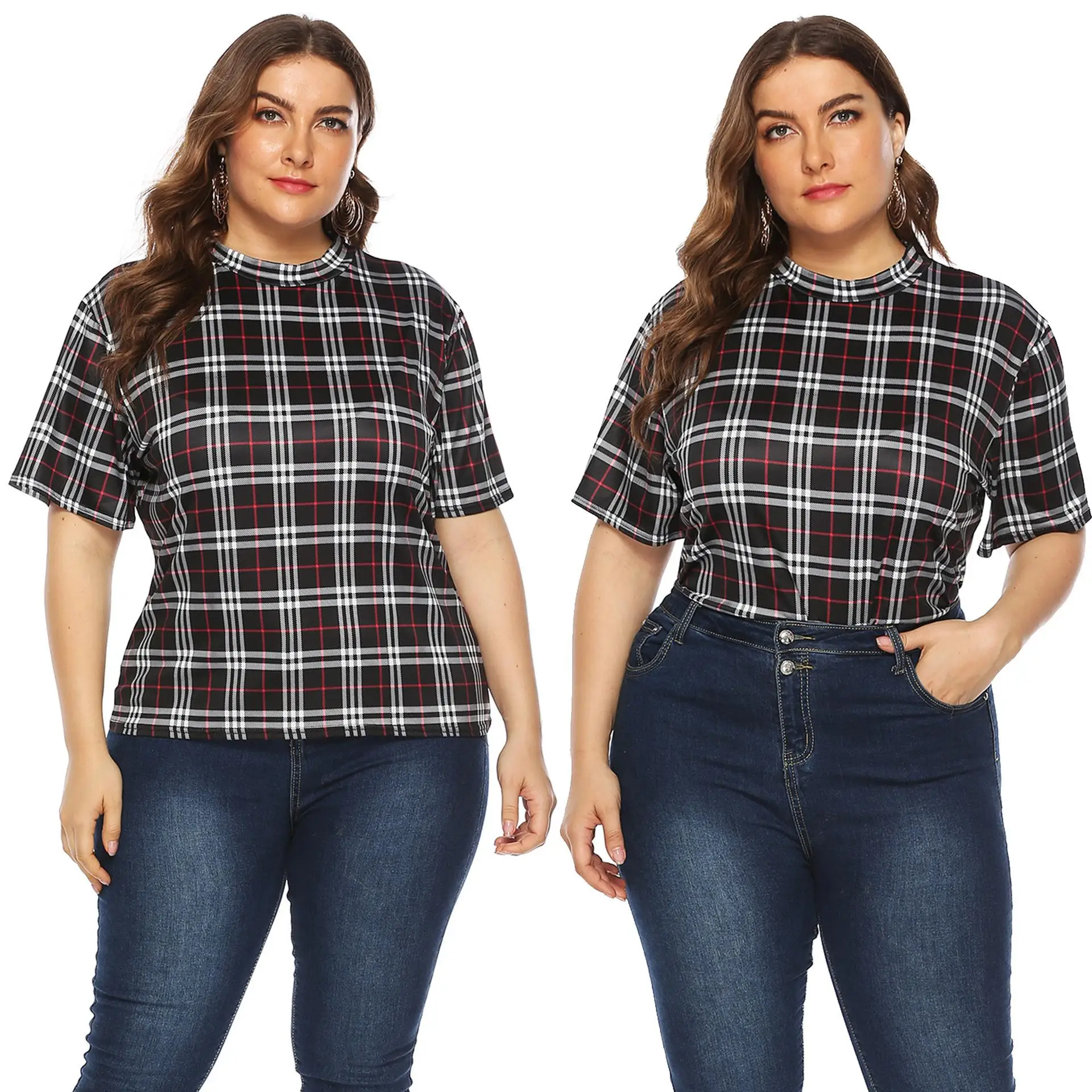 

2021 Plus Size Women's Plaid Print Half High Neck Loose Short Sleeve Plaid T-shirt Top