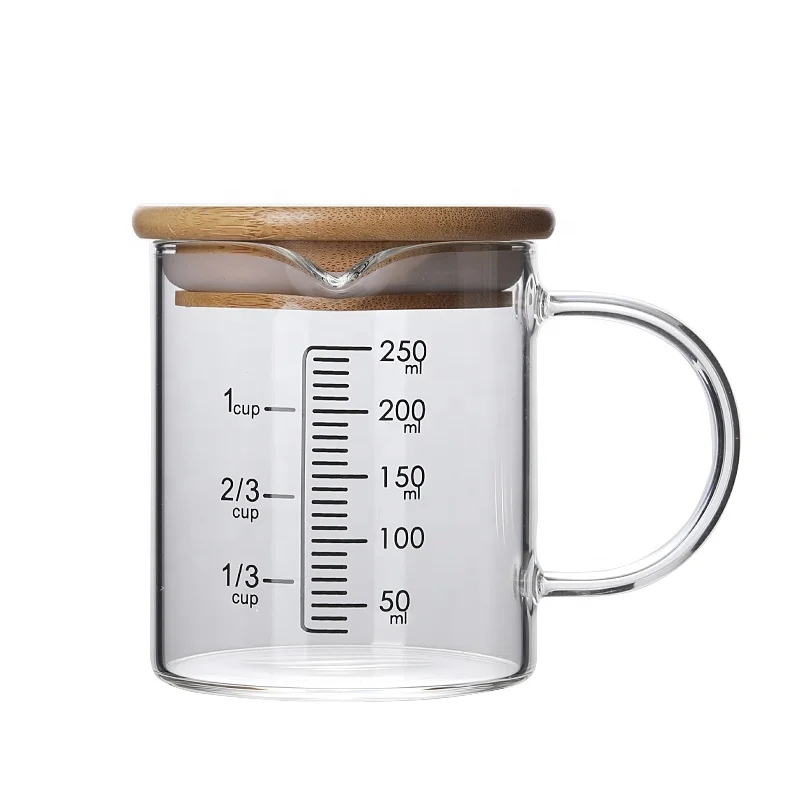 

250ml 350ml 500ml 1000ml water measuring glass cup with Wooden Lid high borosilicate glass measuring cup, Transparent clear