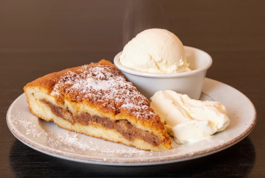 Slice of cinnamon sugar pizza served with vanilla ice cream and powdered sugar garnish