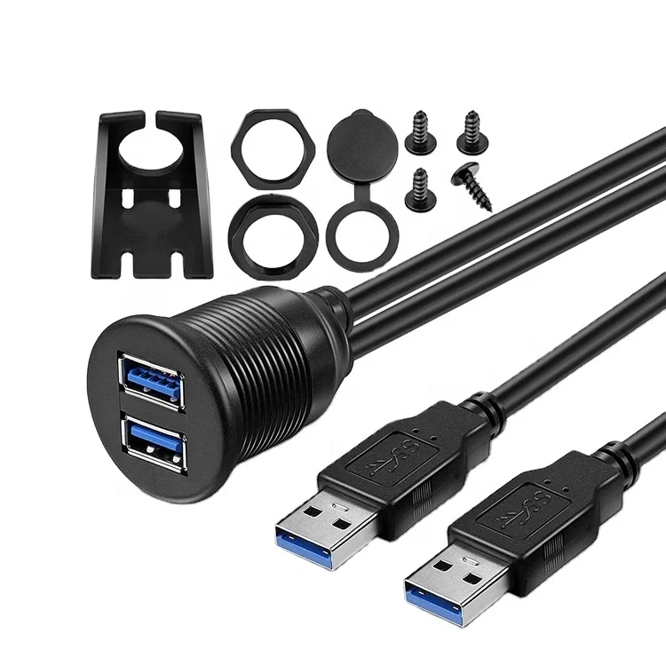 

1M Dual USB 3.0 Male to Female AUX Flush Penel Mount Car Dash Extension Cable, Black