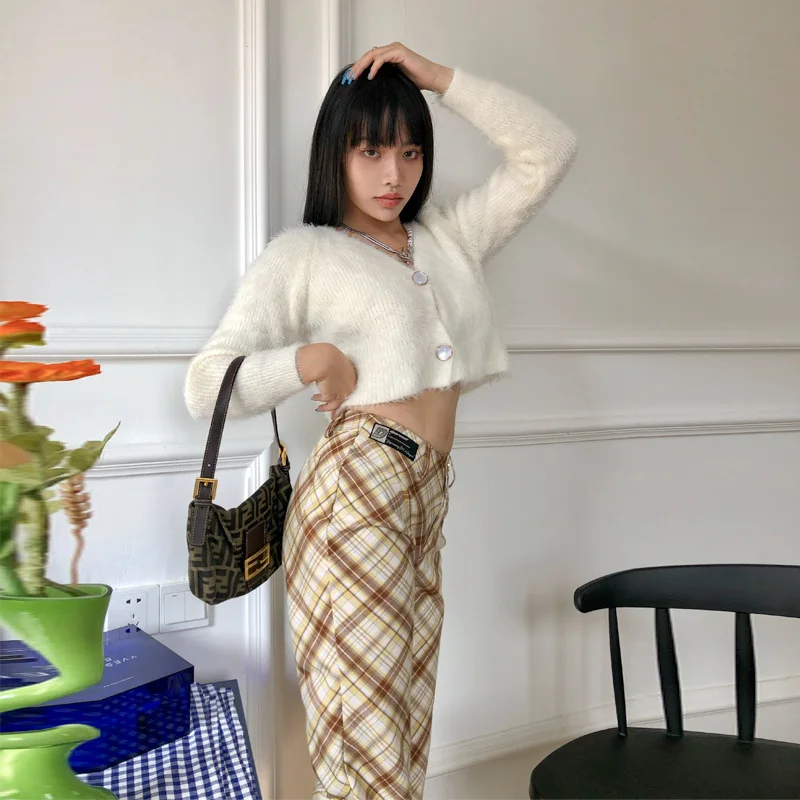 

2020 Winter Women Long Plaid High Waist Flared Pants Women Pants