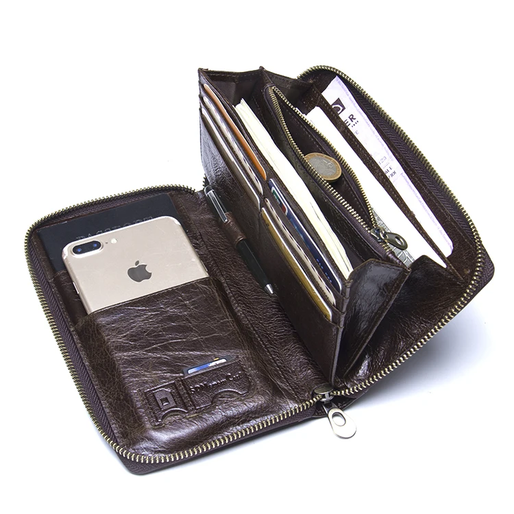 

Luxury Genuine Leather 6.5 inch Phone Case Passport Holder Long Zipper Around Clutch bags for men, Coffee and black