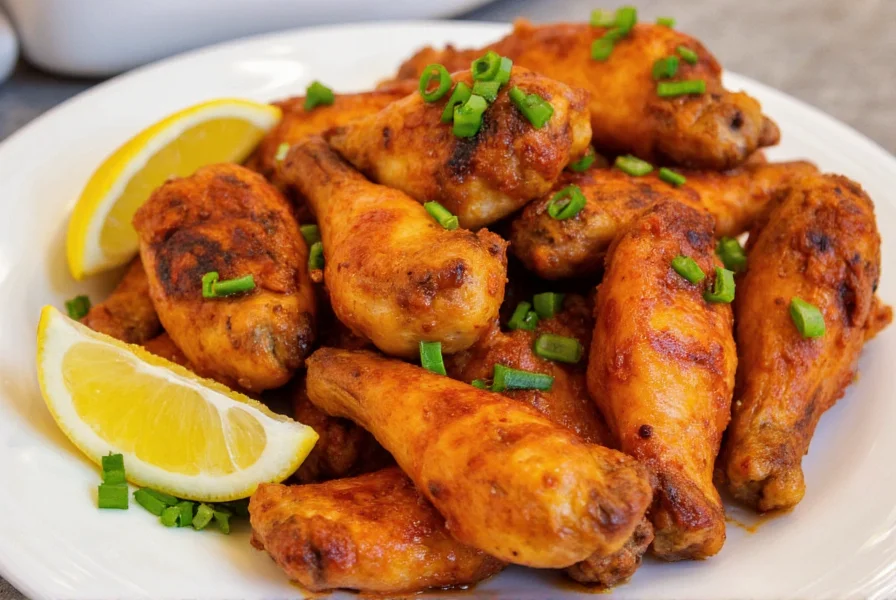 Grilled chicken wings with pepper sauce drizzled on top served with lemon wedges