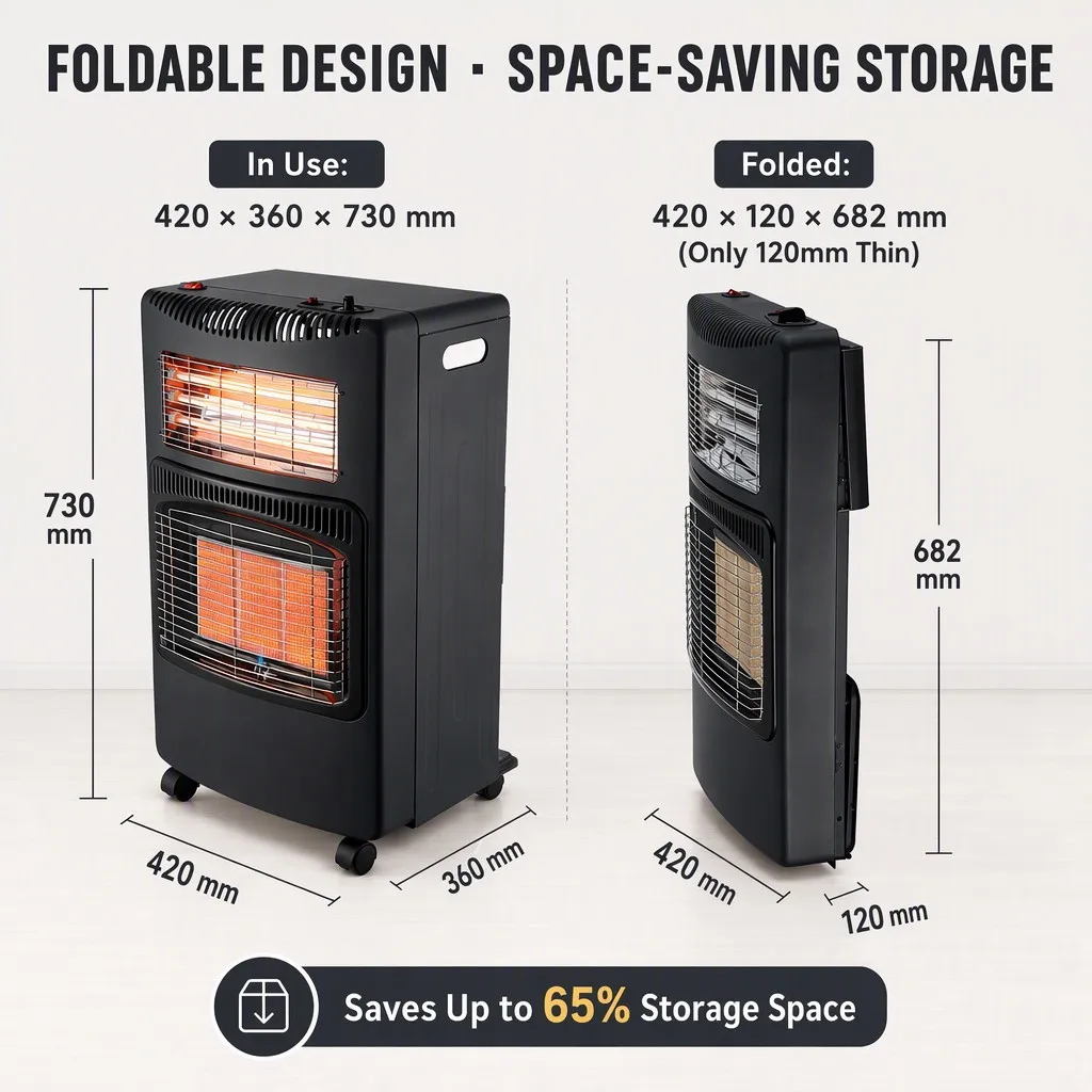 LQ-HE01F foldable design dimension comparison: in use 420 x 360 x 730 mm against folded 420 x 120 x 682 mm, saving up to 65% storage space