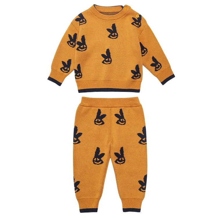 

Boutiques Baby Two-piece Cotton Suit Cartoon Pattern Soft Knitted Sweater And Trousers Baby Kids Clothing Sets With Hat
