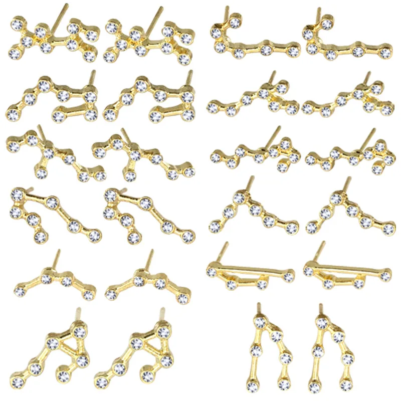 

Valentines Day Crystal Zircon Ear Bone Astrology Leo Libra Aries Jewelry 12 Zodiac Stud Earrings, Gold plating