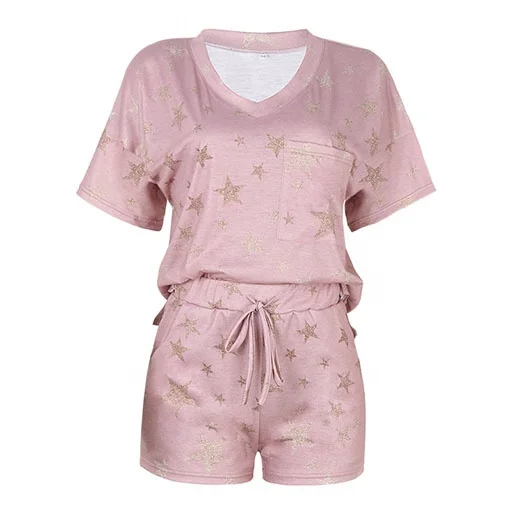 

Wholesale Women Summer Short Sleeve Two Piece Five-Pointed Star Print Pajama Set, As picture