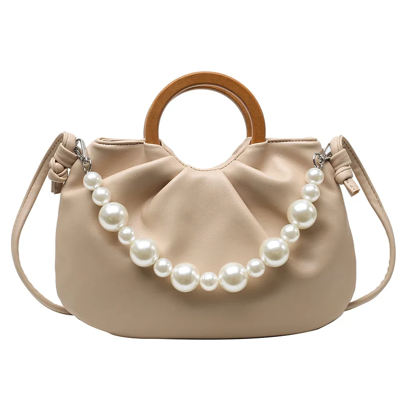 

2021 OEM price luxury wooden handle messenger shoulder bag with pearl chain, As pictures