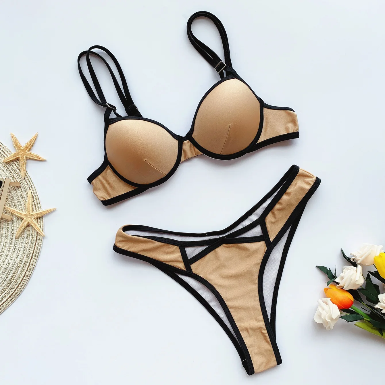 纯色拼布比基尼套装性感镂空泳装推高沙滩装