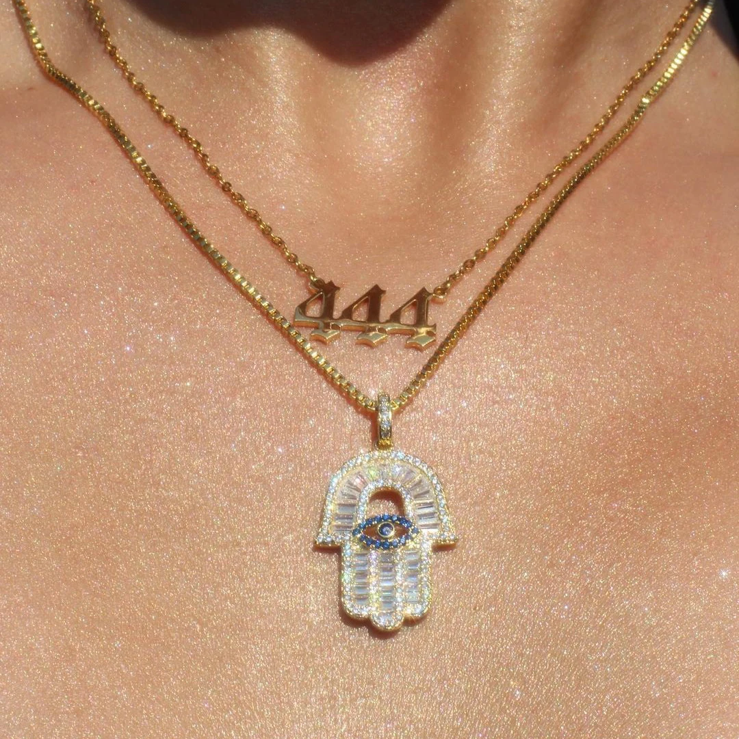 

Summer Fashion Turkish Hamsa Hand Pendant Necklace Ladies Iced Out Bling Clear Blue Cubic Zirconia Box Chain Necklace, Gold silver