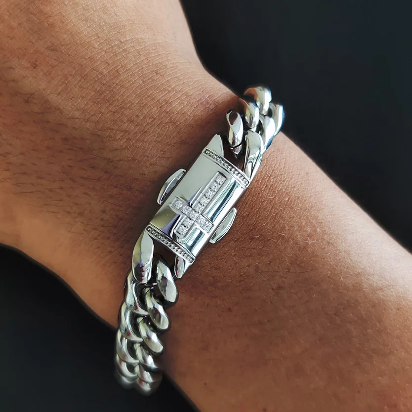 

Stainless Steel Mens Cuban Bracelet Pulseira de Prata Hip Hop Bracelet Silver Diamond Cross Bracelet, Silver/gold /rainbow/black