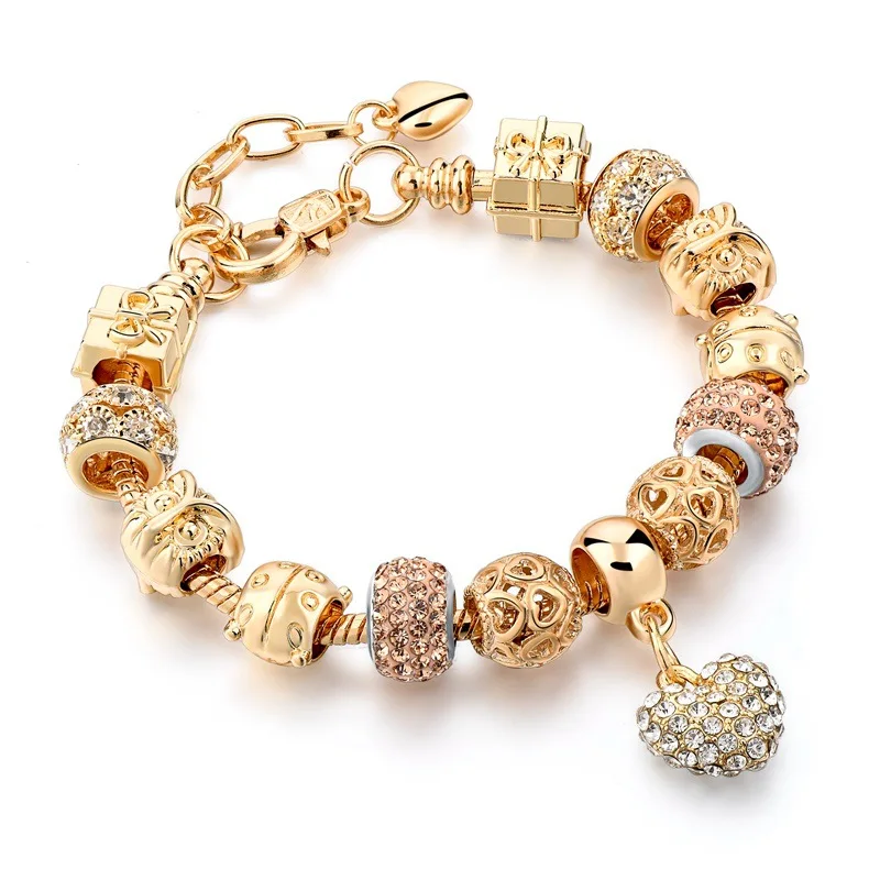 

DIY Austrian Gold Plated Crystal Rhinestone Pave Beads Heart Charm Bracelet CZ Zircon Hollow Big Hole Beads Love Charm Bracelet