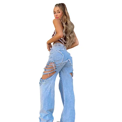 

Light Blue Elastic Booty Waisted Denim Fashion High Waist Slim Straight Leg Pants Fashionable Ripped Casual Jeans Women, Shown
