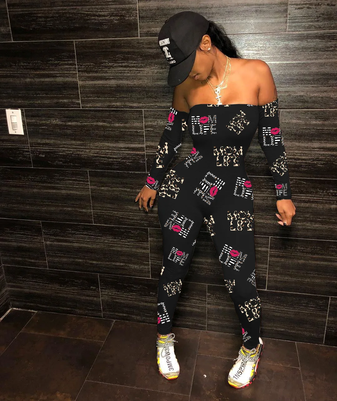 

Sexy Women Long Sleeve Sport Jumpsuits Custom Printed  One Piece Tube Top Jumpsuit