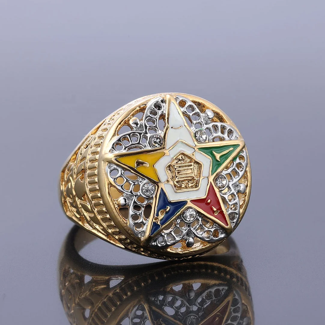 

Waterproof Masonic Jewelry Stainless Steel Gold Crystal OES Order of The Eastern Star Rings for Women Ladies Size 5-10