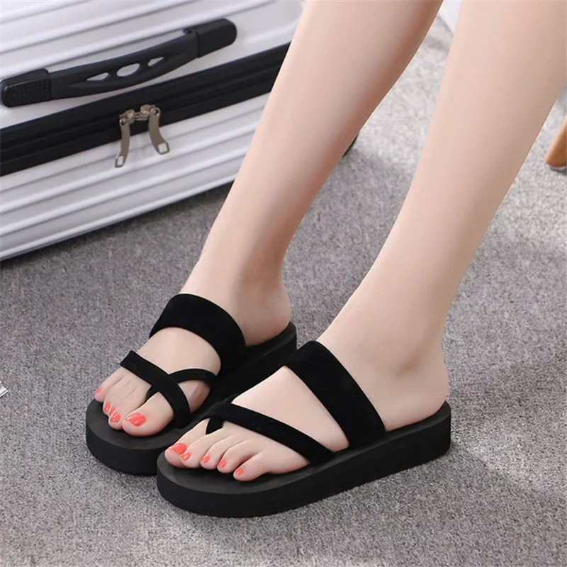 

Women Summer Sandals Slippers Toe Beach Shoes Thick Bottom Non-slip High-heeled Flat Handmade Flip-flops, As the picture display