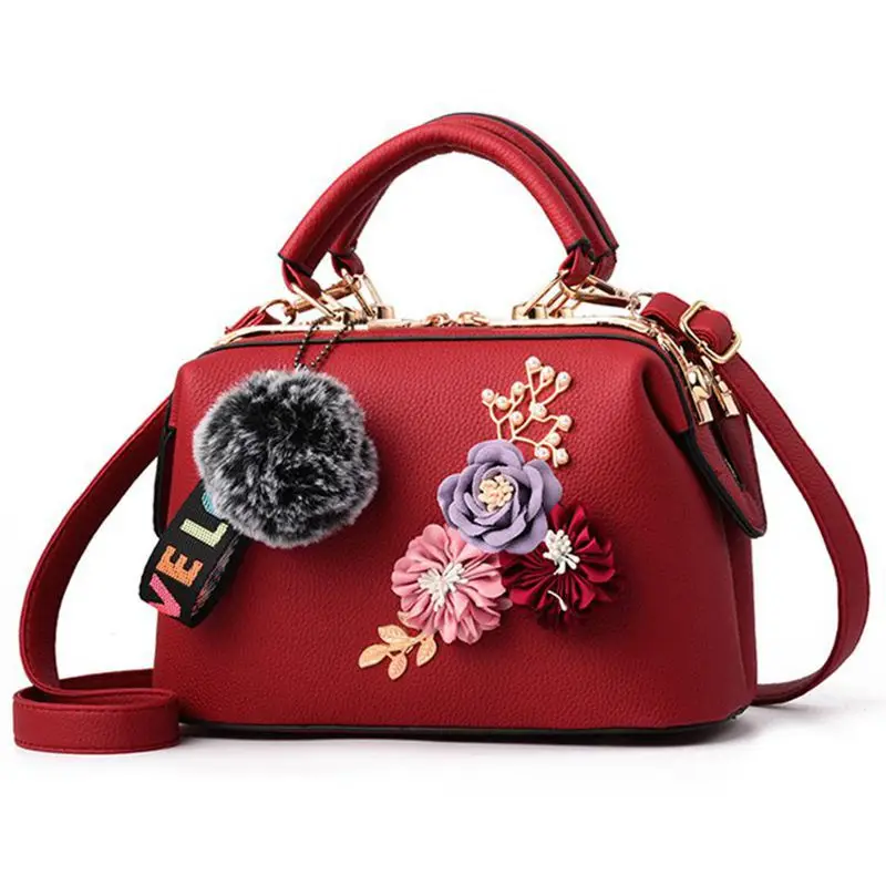 

New Arrival Flower Women Bag Fur Ball Decor Crossbody Shoulder Handbags Tote Bags