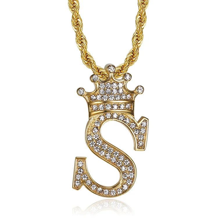 

Hiphop crown queen name letter jewelry stainless steel 18k gold plated initial necklace for women men