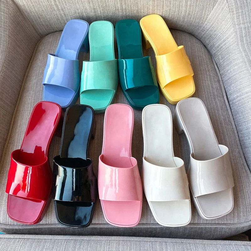 

Wholesale ladies flat high heel designer slippers PVC jelly sandals