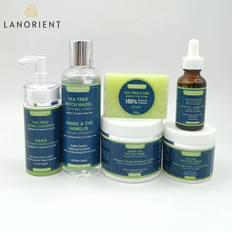 

LANORIENT white label Natural Organic tea tree CBD vitamin E collagen Repair Acne treatment set anti acne Cream for unisex