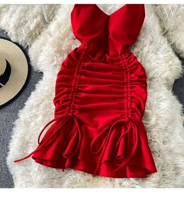 

woman dresses new arrivals 2022 v-neck casual elegant evening dress sleeveless ladies party bandage women clothing dresses, Red,green,black