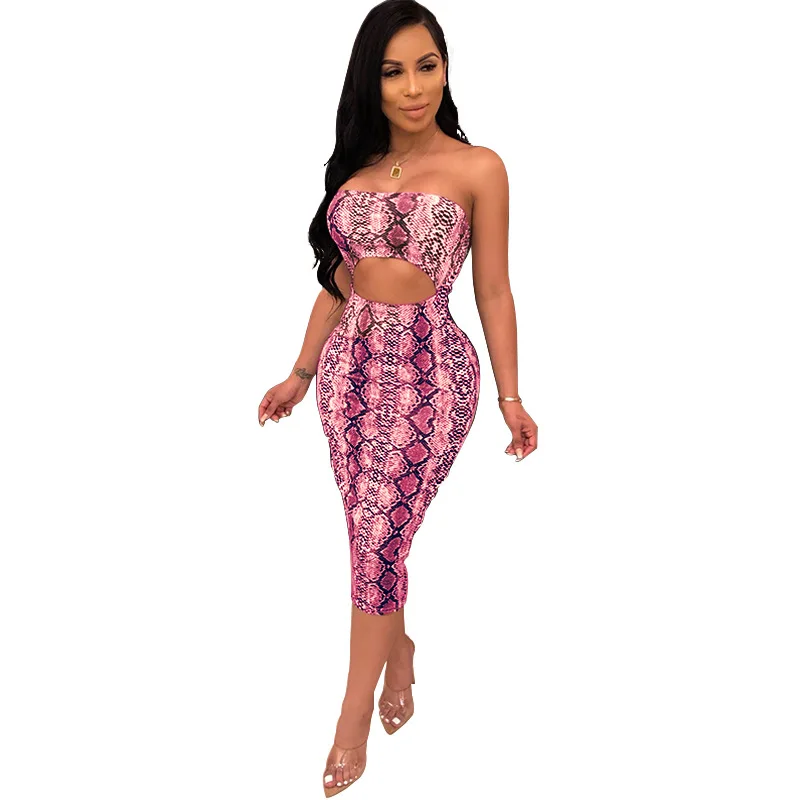 2020 Hot Sale Off Shoulder Hollow Out Printed Bodycon Bandage Dress