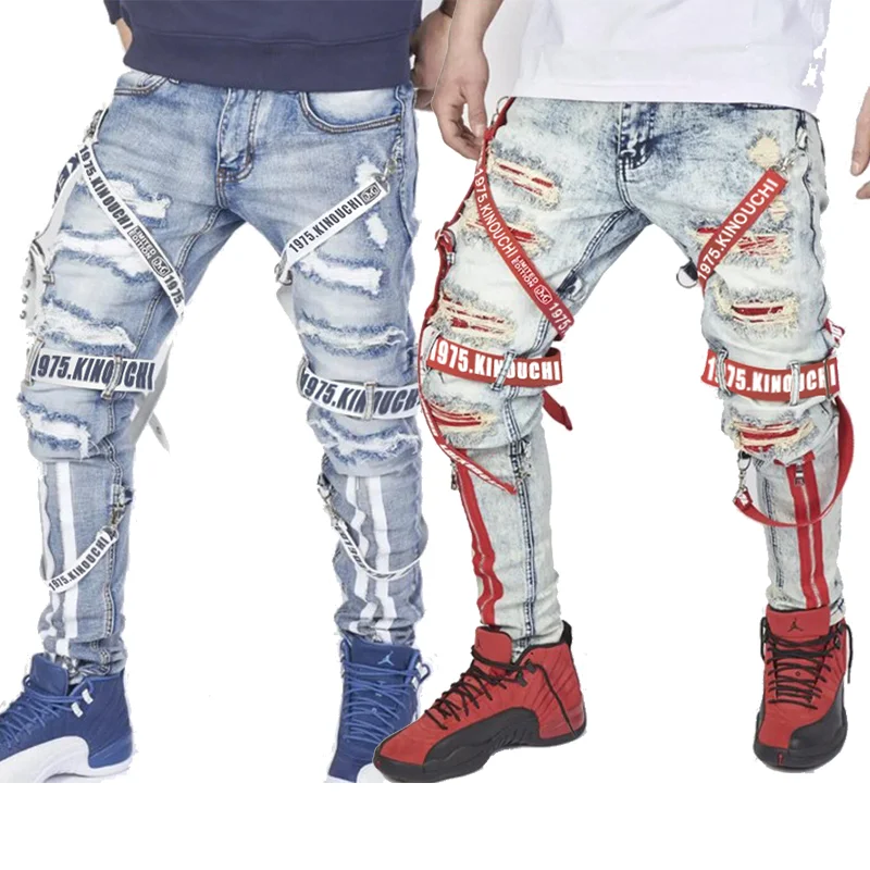 

TMW wholesale spring men's zipper tattered jeans stacked jaens pant pour hommes slim ribbon jeans skinny hole jeans