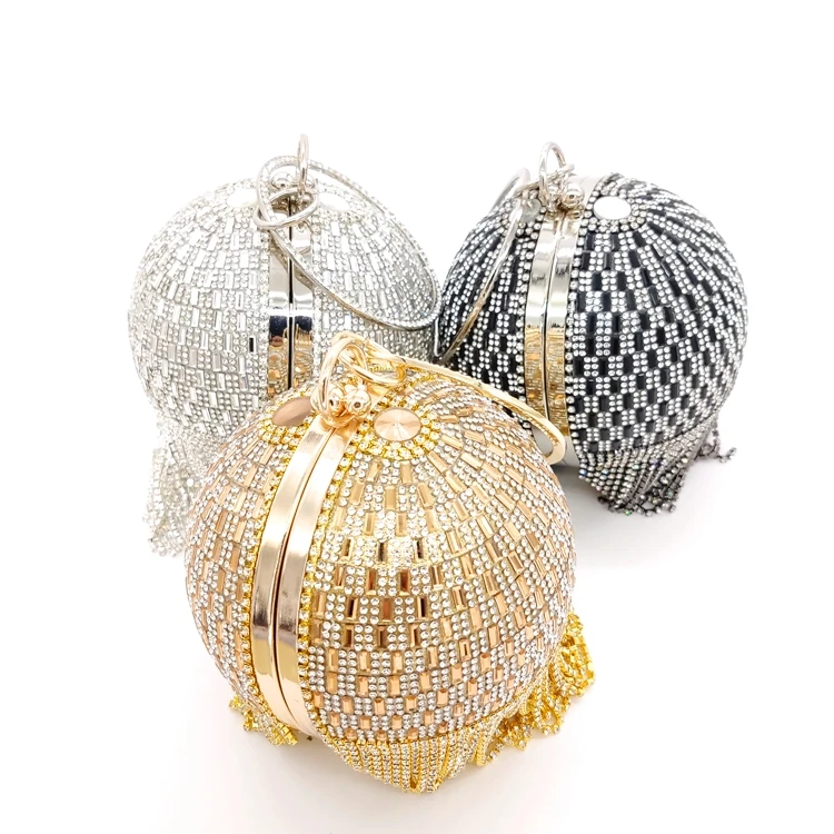 

Newest women gold glitter women tassel party silver purse diamond handbags wedding luxury round ball ladies evening bag