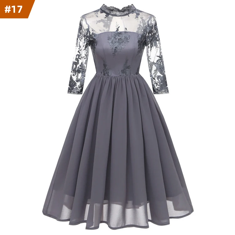 

2022 New Arrival Embroidery Floral Three Quarter Sleeve Dresses Big Swing Chiffon Dress Simple Elegant Evening Dress, Mix color is available