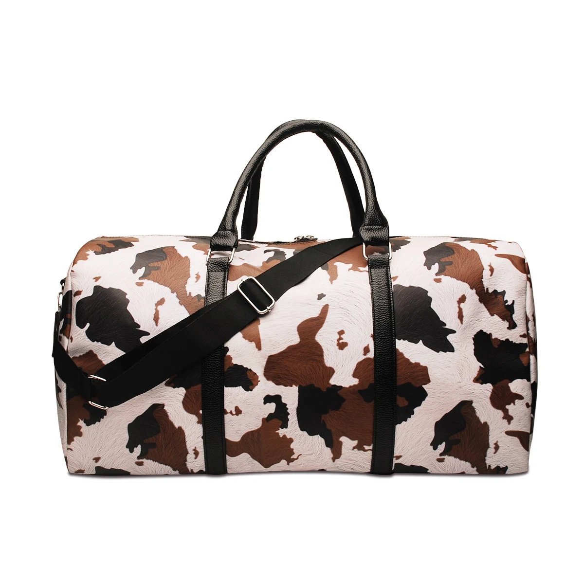 

Domil High Quality Brown and White Leather Duffel Bag Large Cowhide Travel Bag Cow Hide Weekend Overnight Bag DOM112-1065, Black
