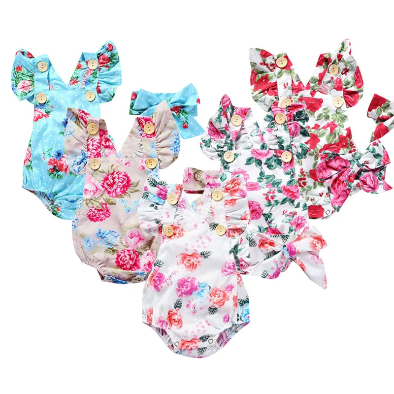 

2020 floral summer ruffle flutter sleeve new born baby girl clothes romper, 5 colors
