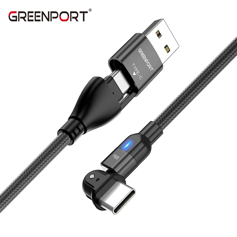 

2 in 1 180 rotation usb cable fast charger nylon braided right angel PD 60W usb c cable charger with LED, Black/red/purple