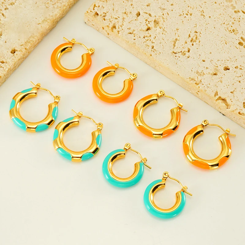 

Vintage enamel colorful dripping stainless steel 18K earrings creative geometric C-shaped new fashion for women earring