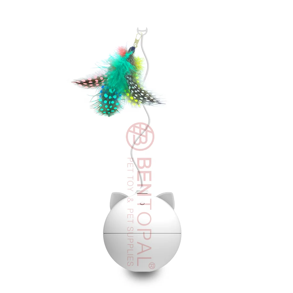 
The Tricky Tumble interactive cat toy consists of a rolling ball with feather cat toy 