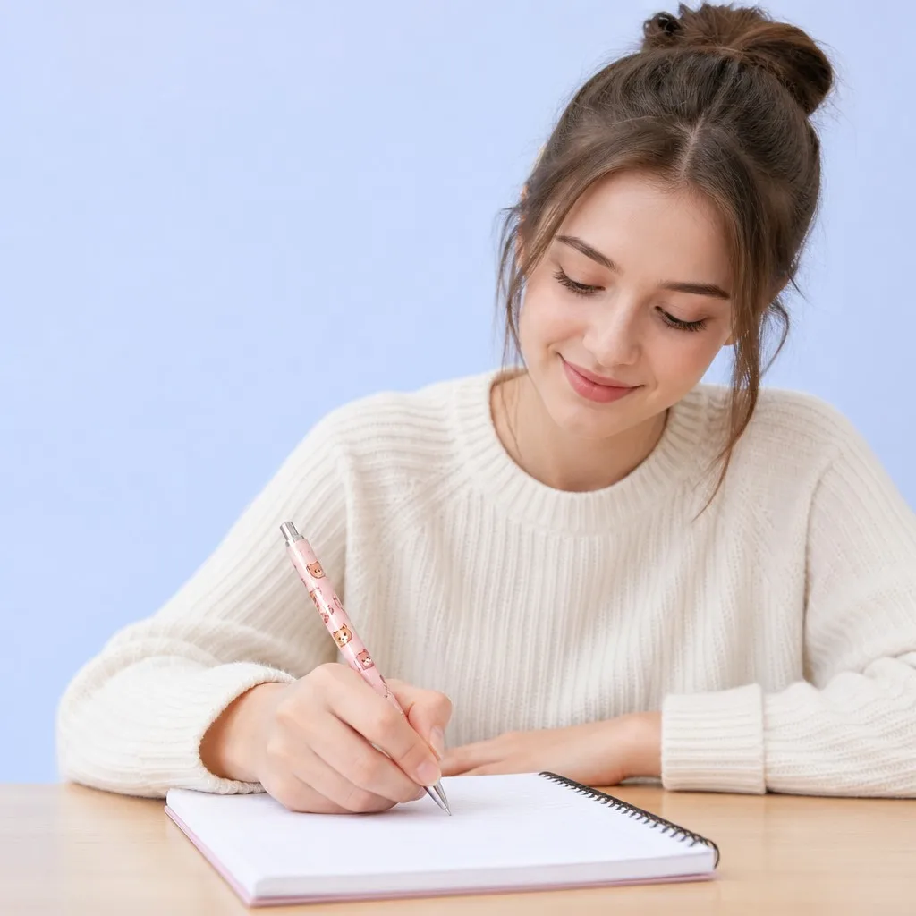 Young woman smiling while writing with a pink bear pen