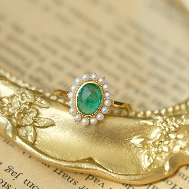 
Vintage Oval Emerald Ring Fresh Water Pearl Halo Ring In 14K Yellow Gold 