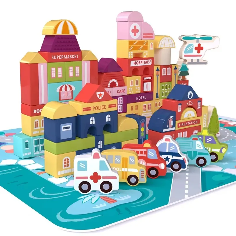 Children's Wooden Macaroon City Building Block Stacking Toy Toddler Interactive Kids Wood Early Education Building Block Toys