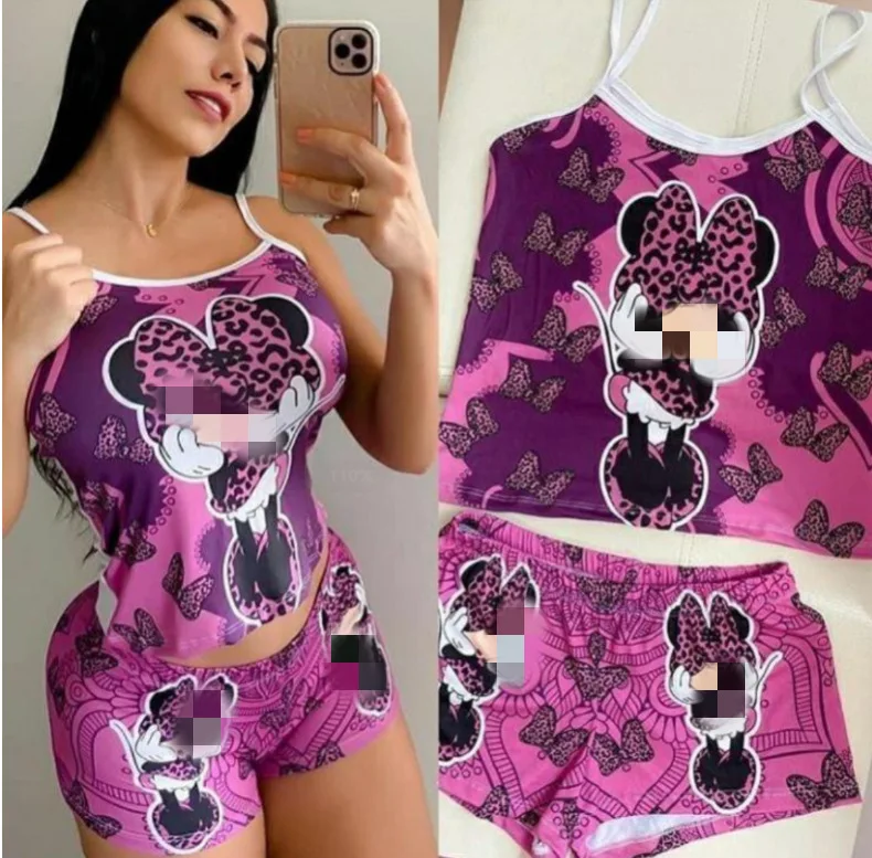

2021 summer leisure cute cartoon print panties pajamas sleepwear two pieces set sleeveless Tube Top Two piece short Set