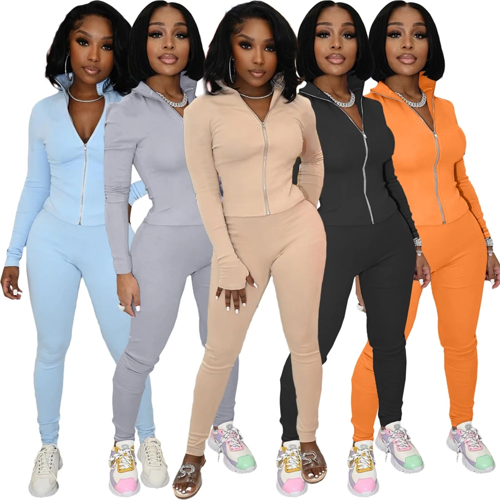 

MD-20092710 2021 Fall Matching Set Women Two Piece Tracksuits Knitted Zipper Two Piece Woman Yoga Tracksuit Set