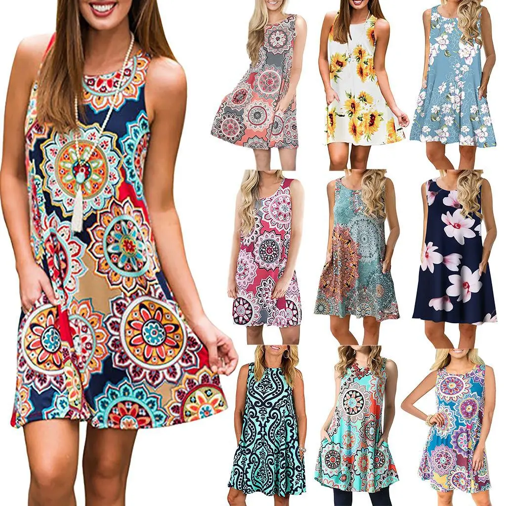 

2021 robe femme Wholesale Cheap Summer Stylish Sexy Boho Sleeveless Print Floral Women Elegant Casual Midi Dresses, Multi-pattern