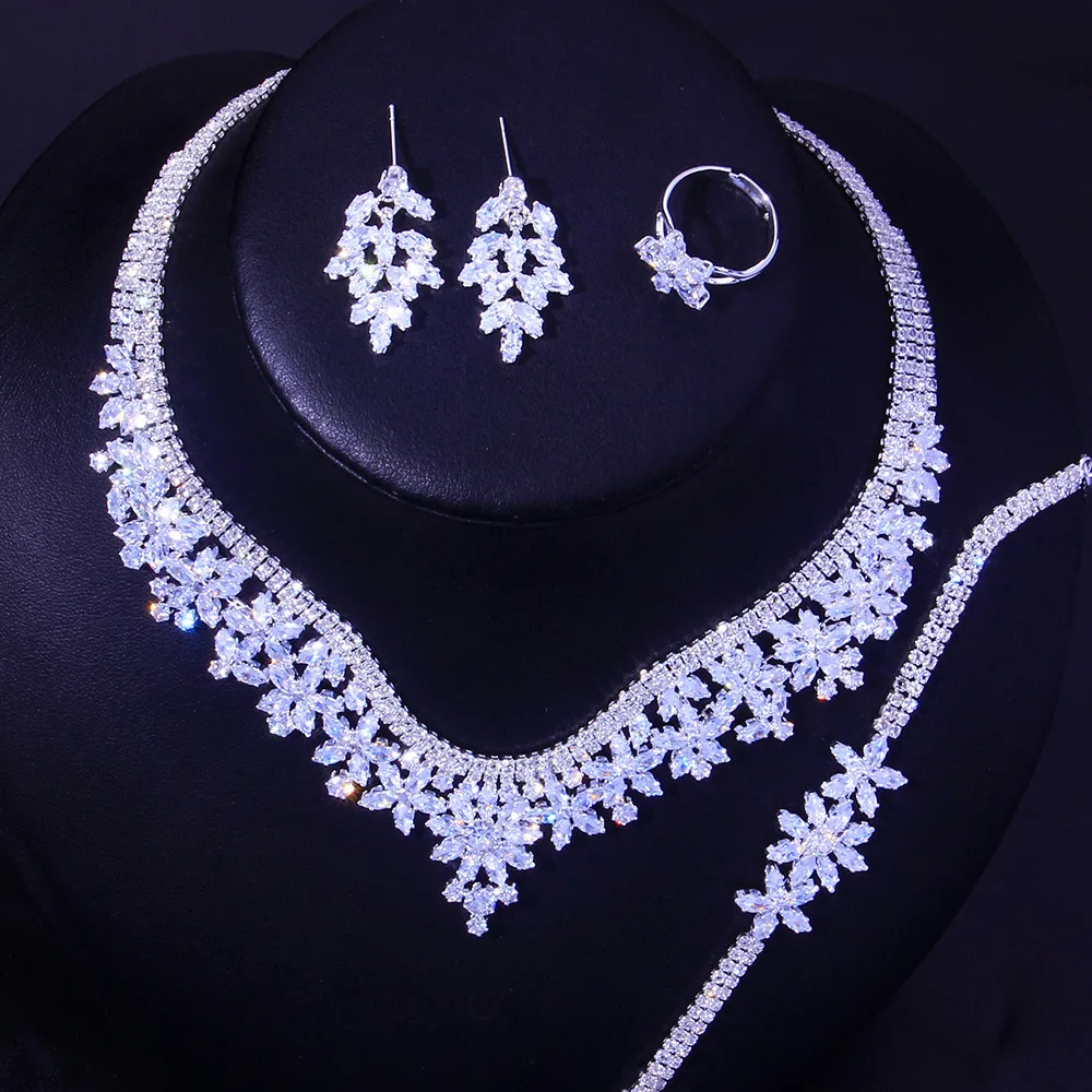 

Jachon Clear Zircon Chain Necklace Bridal Jewelry Set Luxury Necklace Earrings Bracelet Set Wedding Bridesmaid Gifts, As picture